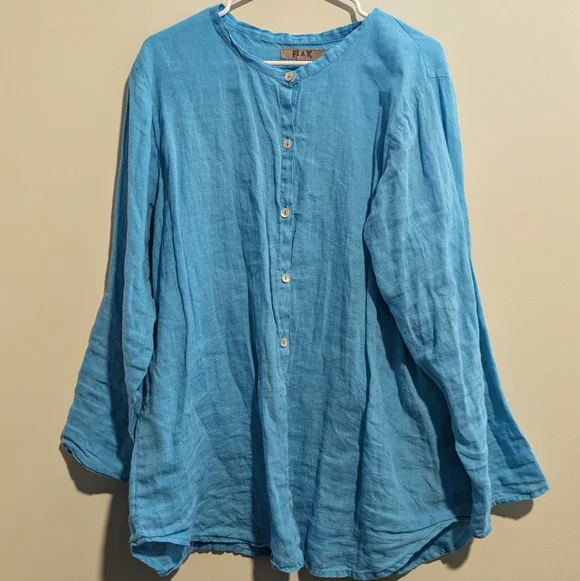 Flax Linen Button-Up Long Sleeve Turquoise Top Size Medium - Picture 5 of 5